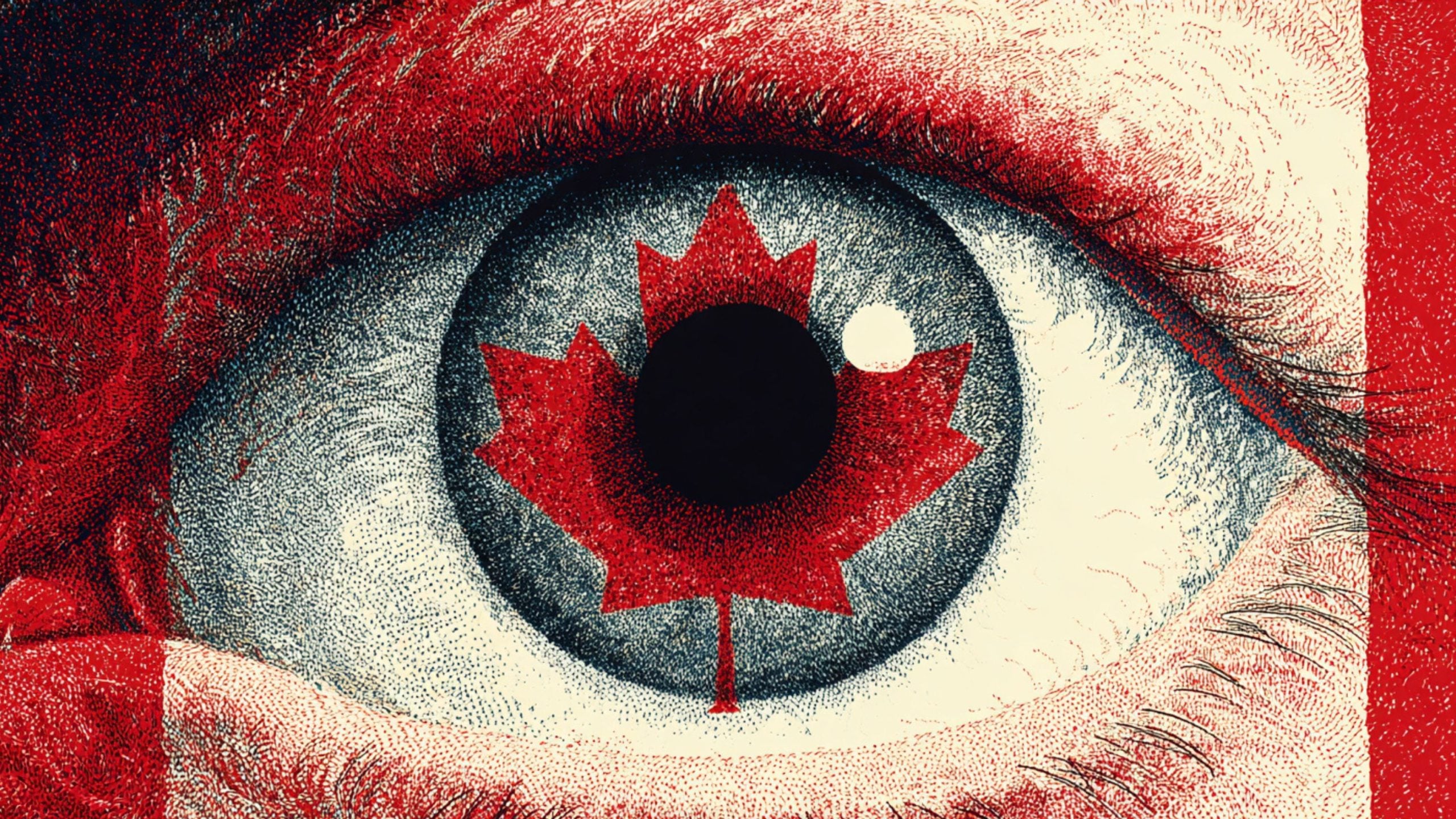 Close-up of a stylized eye with a red maple leaf reflected in the iris and a red, stippled texture around the eyelids.